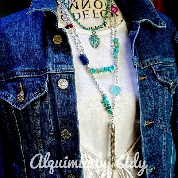 Layered Turquoise cross extra long beaded necklace for cozy sweaters - Picture 1 of 8